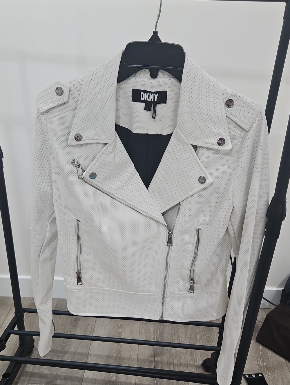 DKNY White Perforated Leather Moto Jacket
